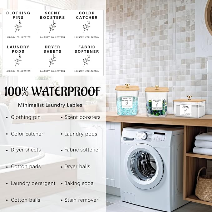 Reallnaive 5 Pcs Laundry Room Organization Storage Containers 4 Large 3L Laundry Pod Containers and Dryer Sheet Holder with Bamboo Lids 18 Labels 4 Scoops for Detergent Powder Laundry Organizer