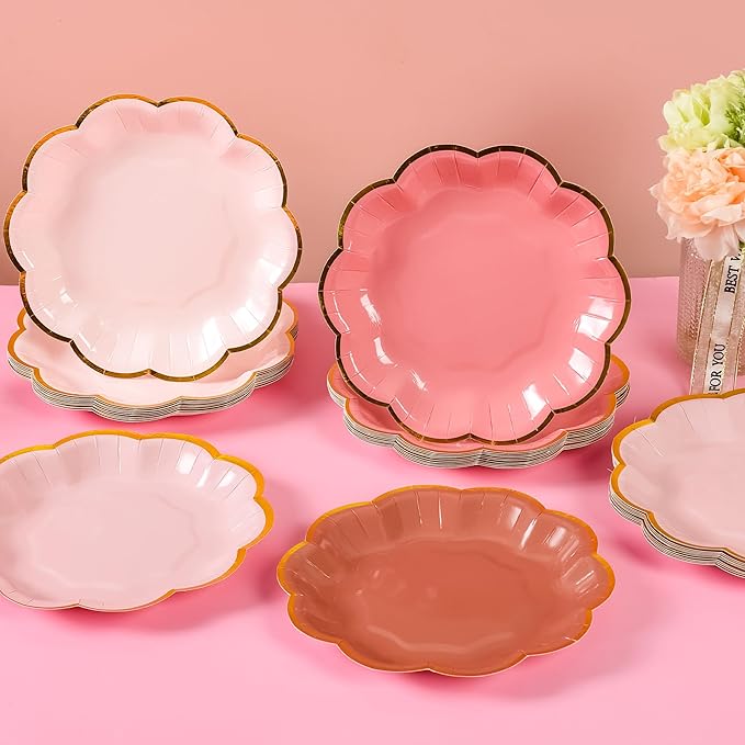 AimFun 48 Pcs Dusty Pink Party Plates Gradient Color Dessert Paper Plate 7inch Gold Foil Scalloped Edge Disposable Cake Plates for Tea Party Birthday Bridal Baby Shower Wedding Party Supplies