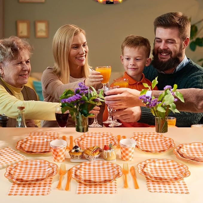 175 Pcs Orange and White Gingham Party Supplies - Orange Gingham Paper Plates and Napkins Sets Serve 25 - Disposable Scalloped Checkered Plates for Birthday Dinner Picnic BBQ Fall Party Decorations