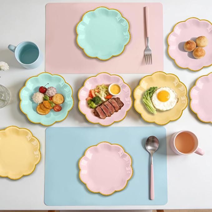AimFun 24 Pcs Pastel Scalloped Paper Plates 7 Inch Disposable Macaron Colorful Dessert Plates with Gold Edge Gradient Rainbow Party Supplies for Wedding Birthday Baby Shower Bridal Summer Decorations
