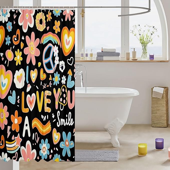 Groovy Flower Bath Curtain 72"Wx84"L Kids,Cartoon Rainbow Stars Daisy Peace Sign Shower Curtain Cute Home Decor for Teen Girls,Hippie Aesthetic Funny Bathroom Curtain Y2K Decor Bathroom Decor Set
