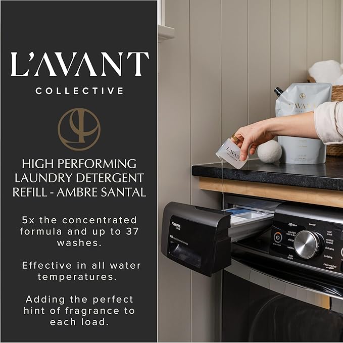 L'AVANT Collective Luxury Laundry Detergent Refill | Eco-Friendly, 75% Less Plastic | Ambre Santal | Natural Non-Toxic Liquid Laundry Soap with Enzymes | Plant-Based, HE Compatible | 32 oz