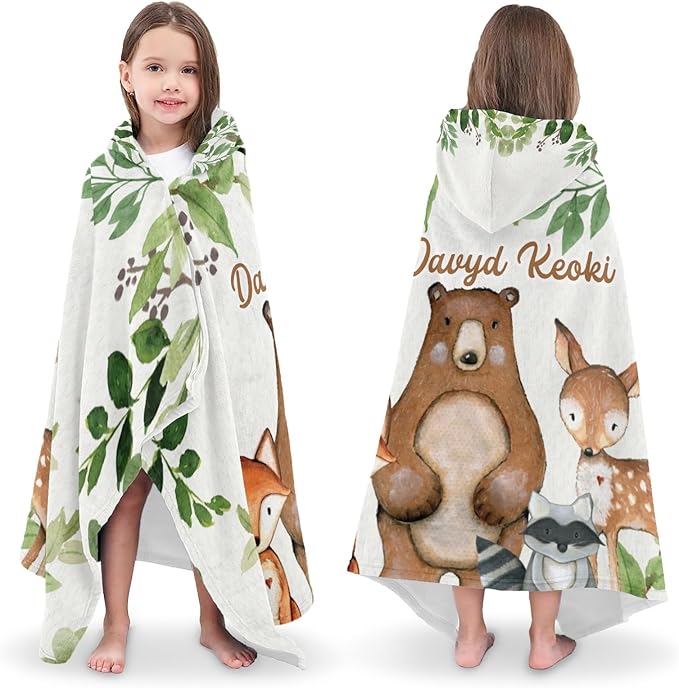 Safari Animals Bear Deer Personalized Kids Hooded Towel with Name Soft Absorbent Beach Pool Bath Towels Hood Poncho for Boys Girls