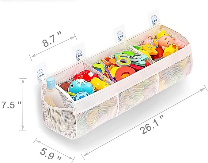 Bath Toy Storage Organizer for Tub – 3 Compartment Bath Toy Organizer, Large Quick-Drying Mesh Bath Toy Holder, Bathroom Toy Storage for Kids, Toddler & Baby Bathtub Toy Organizer with Strong Hooks