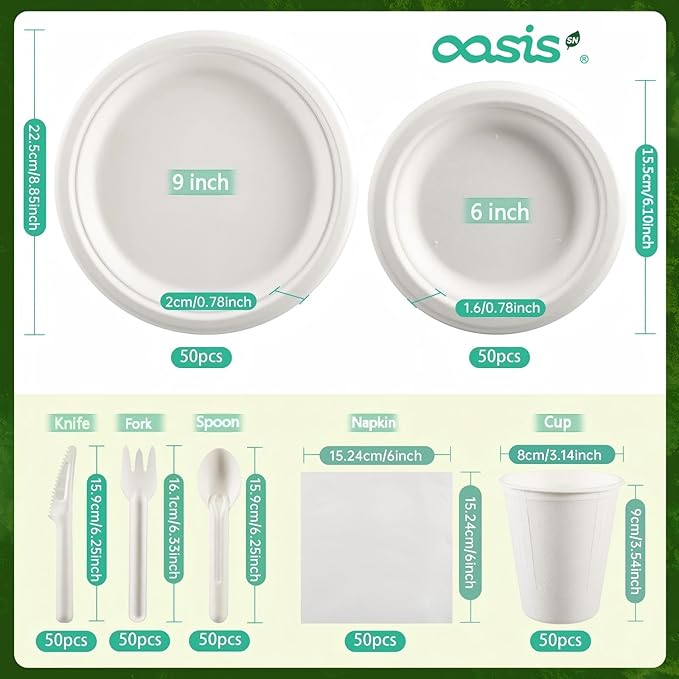 350PCS Disposable Paper Dinnerware Set for 50 Guests, Compostable 50 Dessert Plates, 50 9 inch Plates, 50 Cups, 50 Spoons, 50 Forks, 50 Knives and 50 Napkins, Perfect for Parties(White)