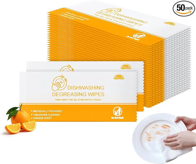 Dish Cleaning Wipes Individually Wrapped Travel Dish Soap Wipes Orange Scent 7.7”x 7.3“ Disposable Wipes Portable for Kitchen Outdoor Traveling Camping RV Quick Clean (50)