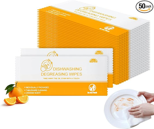 Dish Cleaning Wipes Individually Wrapped Travel Dish Soap Wipes Orange Scent 7.7”x 7.3“ Disposable Wipes Portable for Kitchen Outdoor Traveling Camping RV Quick Clean (50)
