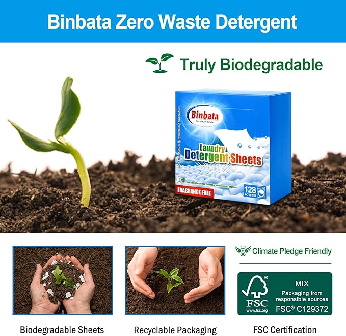Binbata Laundry Detergent Sheets, Up To 128 Loads Hypoallergenic Eco-Friendly Unscented Biodegradable Plastic Free Liquidless Sheets Suitable for Sensitive Skin