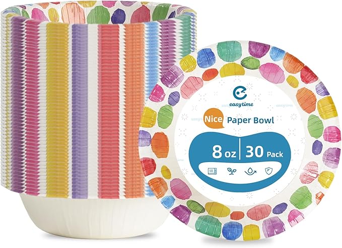 30 Pack Paper Bowls, 8 Oz Disposable Soup Bowl, Heavy Duty Printed Disposable Bowls Bulk For Snacks, Dessert, Breakfast, Lunch And Dinner Meals (Petal Pattern)