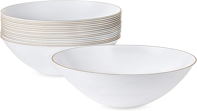 [16 OZ 10 Count] White Plastic Floral Design Party Soup bowls With Gold Rim Premium heavyweight Elegant Disposable Tableware Dishes