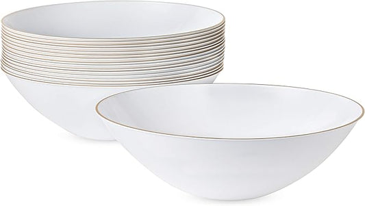 [16 OZ 10 Count] White Plastic Floral Design Party Soup bowls With Gold Rim Premium heavyweight Elegant Disposable Tableware Dishes