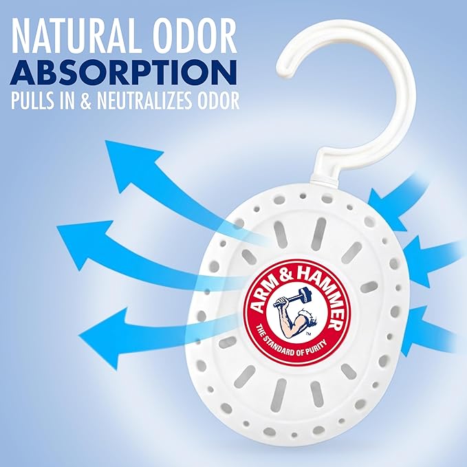 Arm & Hammer OdorBusterz ClosetMATE™, White Linen, 4 Count – Hanging Odor Absorber with Baking Soda, 360° Rotating Hook for Closets, Lockers & Storage Areas
