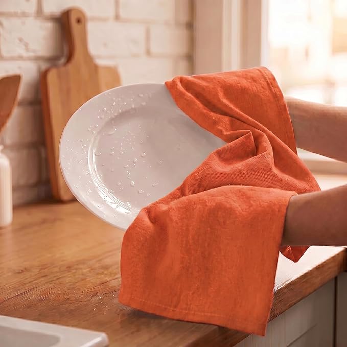 Urban Villa Kitchen Towels 100% Cotton Dish Towels for Kitchen(Set of 6)20”x30” Dish Cloths Highly Absorbent Kitchen Linen Set with Hanging Loop Perfect for Drying Dishes Cleaning Hand Towels – Orange