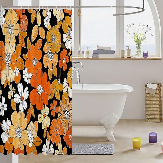 Vintage Groovy Floral Shower Curtain 72"Wx78"L,Retro Hippie Flowers Bathroom Curtain Boho Psychedelic Bath Curtain Natural Garden Botanical Bathroom Decor Set Aesthetic Home Decor for Teen Girls
