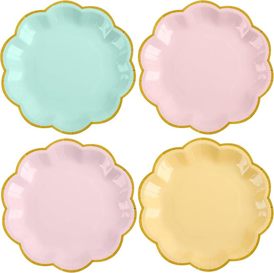 AimFun 24 Pcs Pastel Scalloped Paper Plates 7 Inch Disposable Macaron Colorful Dessert Plates with Gold Edge Gradient Rainbow Party Supplies for Wedding Birthday Baby Shower Bridal Summer Decorations