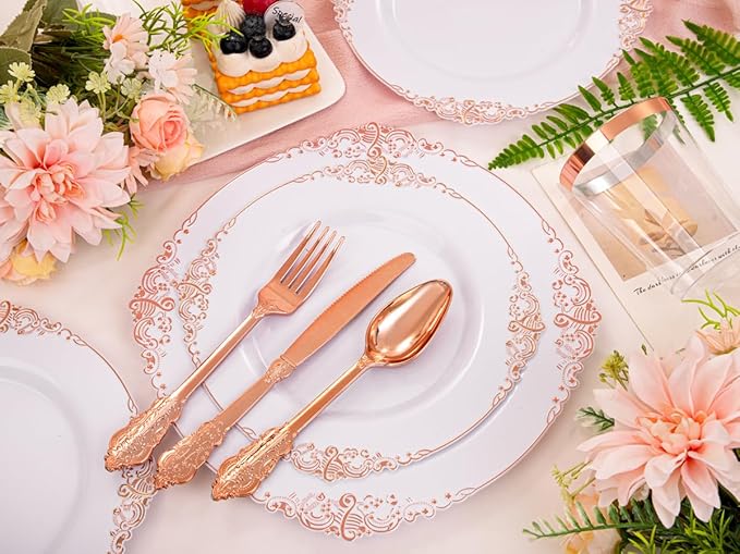 Morejoy 175PCS Rose Gold Plastic Plates & Plastic Silverware inculdes: 25 Dinner Plates,25 Dessert Plates, 25 Forks,25 Knives, 25 Spoons, 25 Cups,25 Napkins Perfect for Wedding & Party & Mother's Day