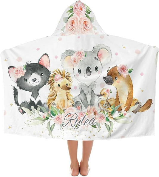 Jungle Safari Animal Personalized Kids Hooded Towel with Name Soft Absorbent Beach Pool Bath Towels Hood Poncho for Boys Girls