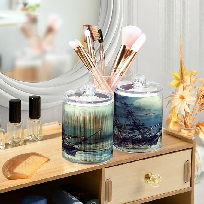 Blueangle 2PCS Pirate Ship Qtip Holder Dispenser with Lids - Apothecary Jar Containers for Vanity Organizer Storage - Plastic Food Storage Canisters