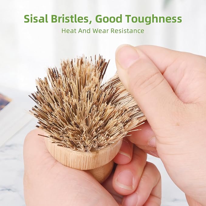 6 Packs Bamboo Dish Brush - Hard Bristle, Eco Friendly Dish Scrubber Union Fiber and Tampico Fiber Bamboo Wok Brush for Washing Cast Iron Pan/Pot
