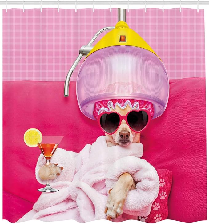 Ambesonne Funny Shower Curtain, Chihuahua Dog Relaxing and Lying in Wellness Spa Fashion Puppy Comic Print, Cloth Fabric Bathroom Decor Set with Hooks, 69" W x 84" L, Pink Magenta