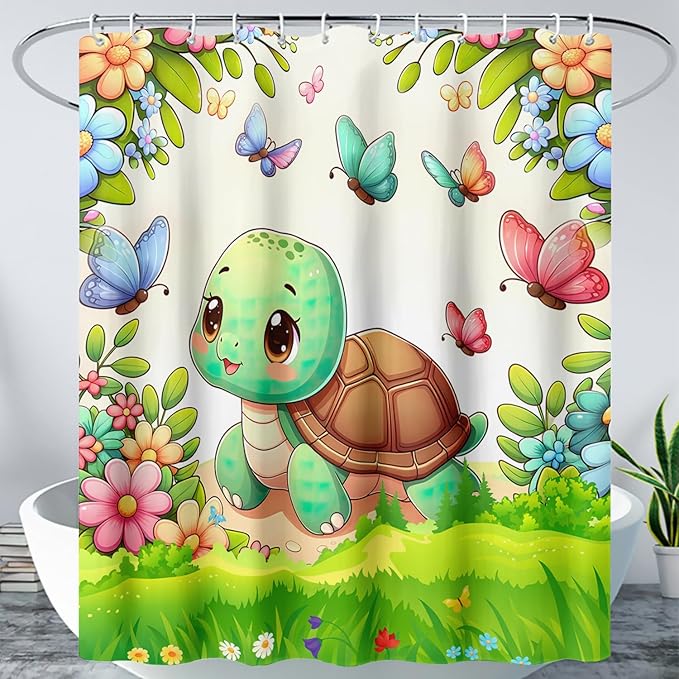 AILONEN Cute Cartoon Sea Turtle Shower Curtain,Kawaii Sea Turtle with Butterfly Bath Curtain for Kids,Boys,Girls,Colorful Flowers Waterproof Fabric Shower Curtain Set with Hooks,72" W*72" H