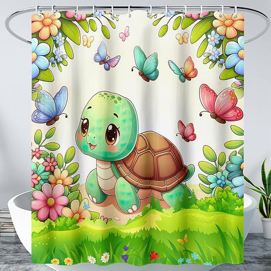 AILONEN Cute Cartoon Sea Turtle Shower Curtain,Kawaii Sea Turtle with Butterfly Bath Curtain for Kids,Boys,Girls,Colorful Flowers Waterproof Fabric Shower Curtain Set with Hooks,72" W*72" H