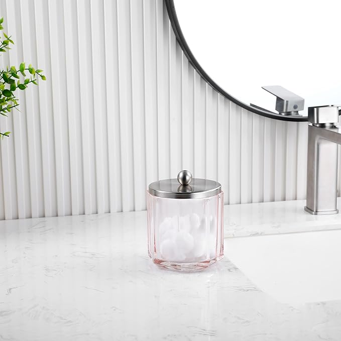 Blush Translucent Apothecary Octagional Shaped Glass Canister Jar With Metal Lid Cover for Bathroom Organization, Cotton Balls, Q Tips, and Small Accessories, Bathroom Storage