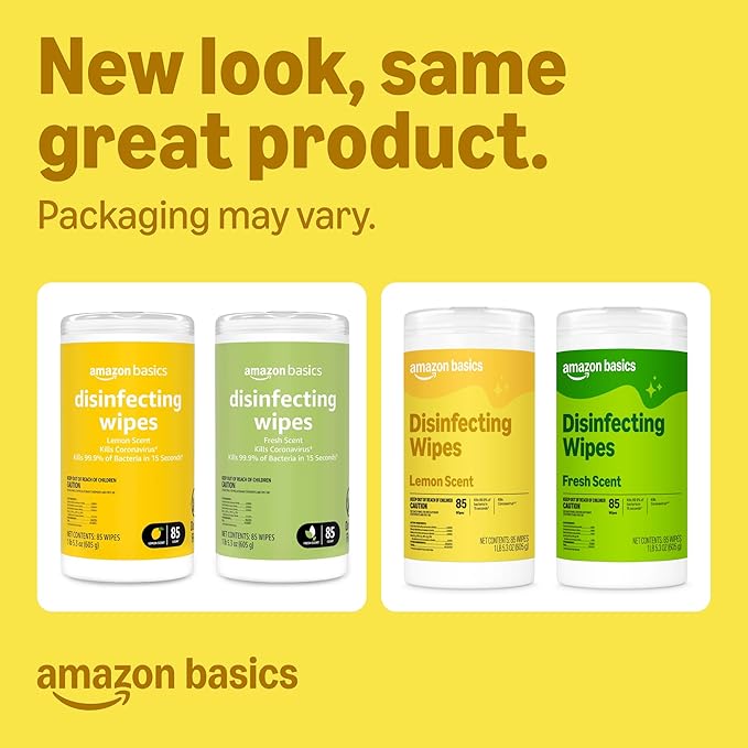 Amazon Basics Disinfecting Wipes, Lemon & Fresh Scent, Sanitizes, Cleans, Disinfects & Deodorizes, 255 Count (3 Packs of 85), Packaging May Vary