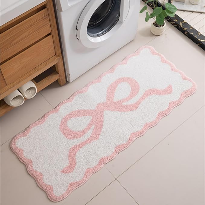 Pink Scalloped Bathroom Mat 32x20, Soft Absorbent Bath Mats, Machine Washable Microfiber Floor Mats for Bathroom Tubs, Sinks and Showers