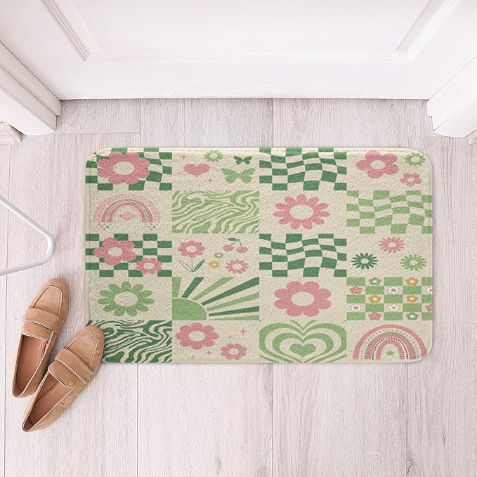 Cartoon Daisy Flowers Kids Bath Mats,Geometric Plaid Checkerboard Stripe Patchwork Mats Rugs for Girls,Rainbow Grid Bath Carpets,Green Unique Bath Rugs,Absorbent Floor Mats,20Wx32L Inches