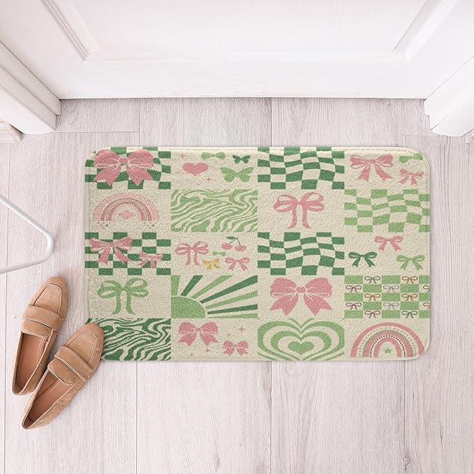 Pink Bowknot Kids Bath Mats,Geometric Plaid Checkerboard Patchwork Mats Rugs for Girls,Rainbow Bow Tie Butterfly Bath Carpets,Green Fashion Bath Rugs,Absorbent Floor Mats,16Wx24L Inches