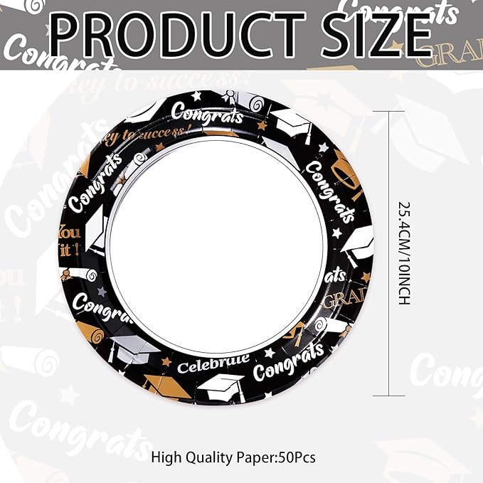 Grencian 50 Pcs Graduation Plates 10" Large Graduation Party Plates Disposable Heavy Duty 2026 Congrats Grad Paper Platters for Class of 2026 College High School Graduate Party Supplies Decorations