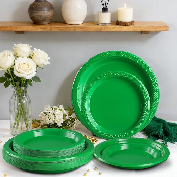 40 Pcs Green Plastic Plates for Graduation Party, Green Disposable Plates Heavy Duty, 20-9" and 20-7" Green Plates for Birthday Soccer Party