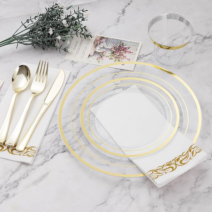BESTVIP 100PCS 7 Inch Clear Plastic Dessert Plates, Small Disposable Salad Plate with Gold Rim, Heavy Duty Plastic Small Cakes Plates for Party, Wedding and Birthday, Events