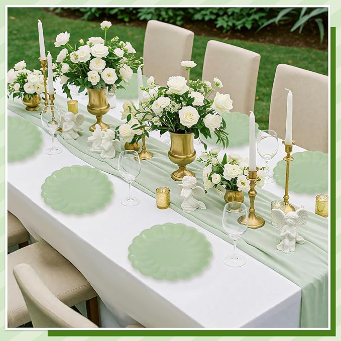 NatNarr 30 Pcs Sage Green Paper Plates 9.5 In Green Plates Disposable Heavy Duty Scalloped Party Plate with Shell Edge for Wedding Birthday Bridal Shower Baby Shower
