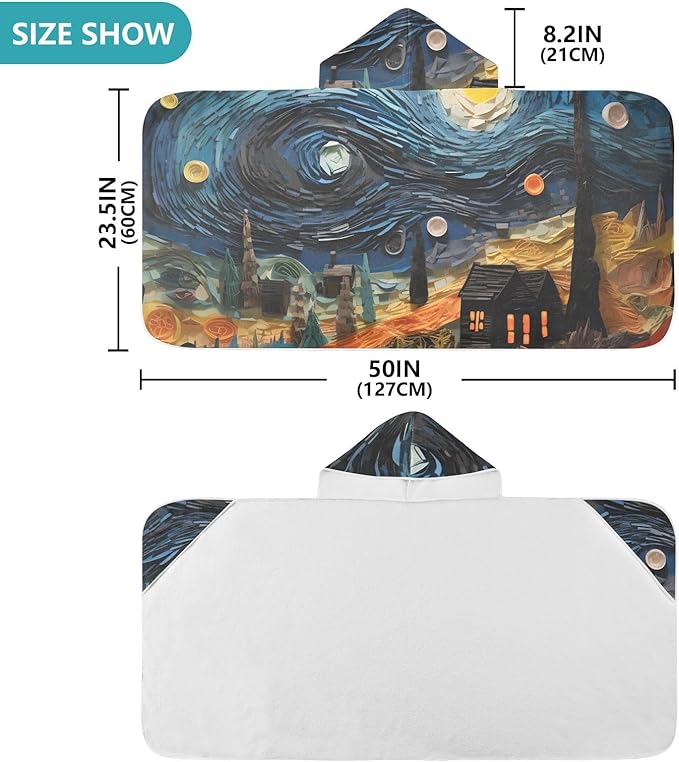 Hooded Towel for Kids House and Starry Night Oil Painting Beach Wrap Bath Towels 50x23.5in