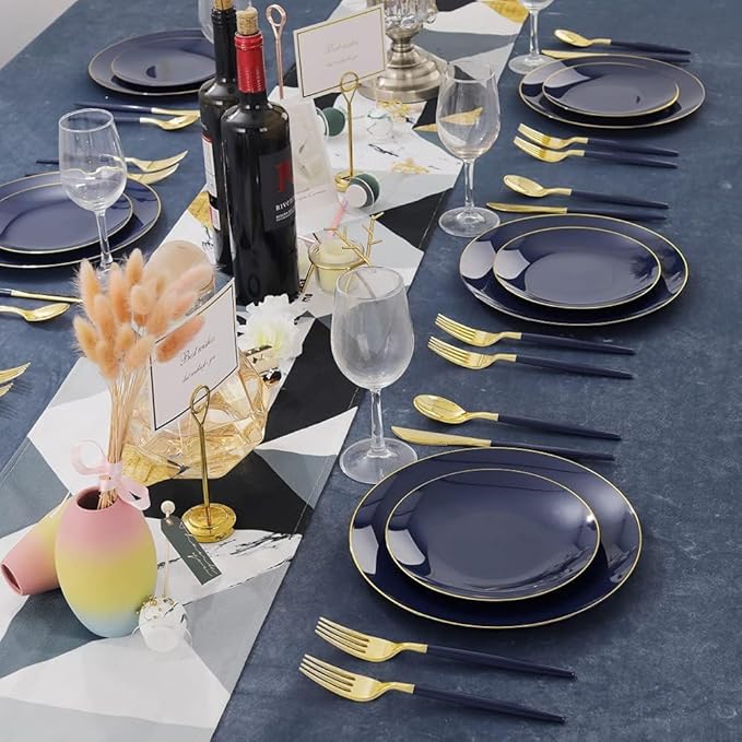 Liacere 150PCS Blue Plastic Plates - Gold Plastic Silverware with Blue Handle - Navy Disposable Plates Include 30 Guests Plates,Forks,Spoons,Knives for Party & Graduation & Memorial Day