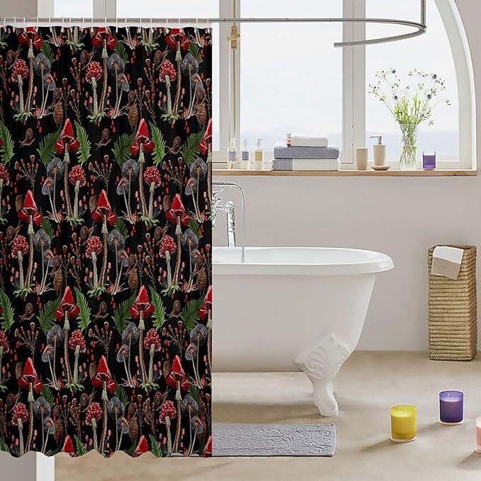 Feelyou Cute Mushroom Decor Shower Curtain Kids Cartoon Mushrooms Bathroom Shower Curtain Set for Boys Teens Kawaii Fungus Bath Curtain Wild Mushroom Stuff Black Kids Bathroom Accessories 72"x84"
