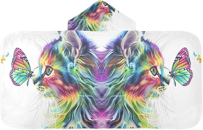 Hooded Towel for Kids Cat of Multiple Colors Staring at Butterfly Beach Wrap Bath Towels 50x23.5in