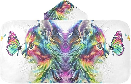 Hooded Towel for Kids Cat of Multiple Colors Staring at Butterfly Beach Wrap Bath Towels 50x23.5in