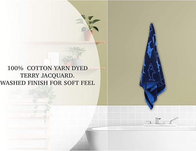 ORIGINAL KIDS 6 Piece Towel Set - Bath Time Shark Attack- 2 Bath Towels, 2 Hand Towels, 2 Washcloths - 100% Cotton Jacquard Soft Absorbent Quick Dry Pool Beach Towel Gift - Navy Blue
