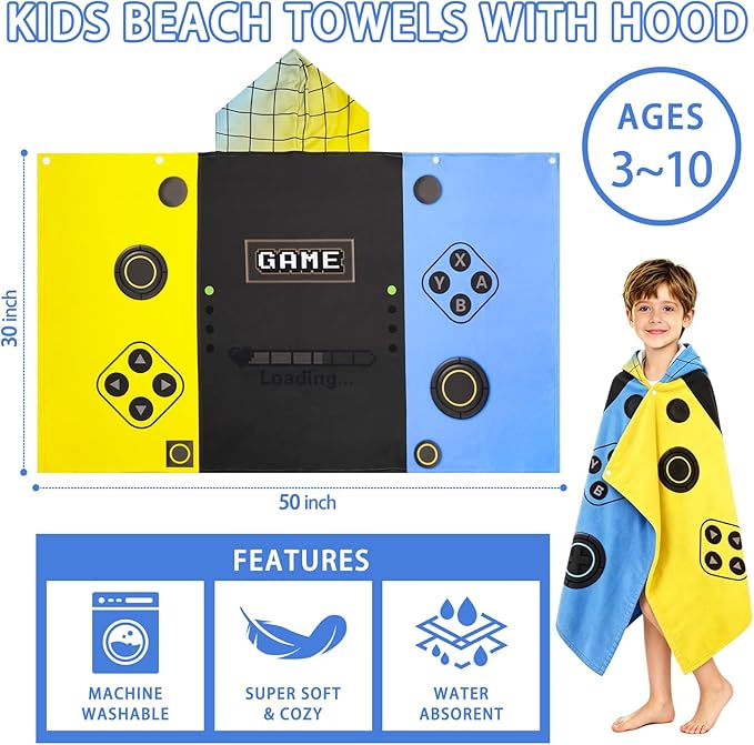Hooded Towels for Kids - Superfine Fiber Video Game Gamepad Toddler Hood Bath Towels Beach Hooded Poncho Absorbent Pool Toddler Swim Bath Wrap for Boys & Girls 3-10 Years, 50 * 30 inches