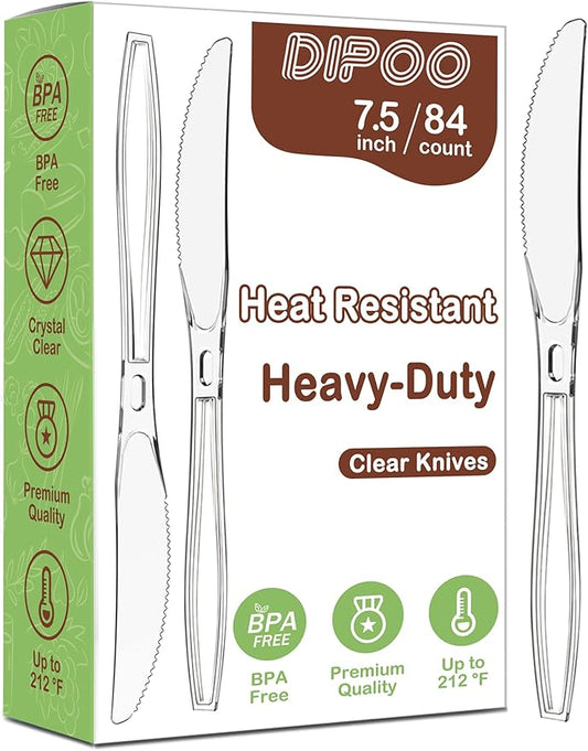 Dipoo 7.5" Clear Plastic Knives Heavy Duty Upgraded Heat Resistant & BPA Free, Solid and Durable Plastic Cutlery, Premium Disposable Knives, for Party Supply(84 Count)