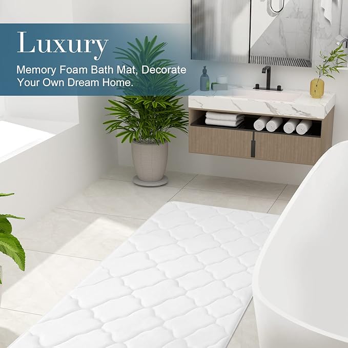 OLANLY Memory Foam Bath Mat Rug 44x24, Ultra Soft and Absorbent Bathroom Rugs, Non-Slip, Comfortable, Machine Washable Bath Carpet for Bathroom Floor, Tub, Shower and Home Decor Accessories, White