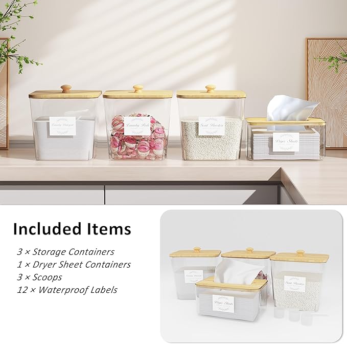 Vincona Laundry Room Organization and Storage, Laundry Pods Container and Dryer Sheet Holder with Bamboo Lids and Labels, Laundry Organizer with Scoops for Booster Beads, Powder, Pods, 3+1 Pack