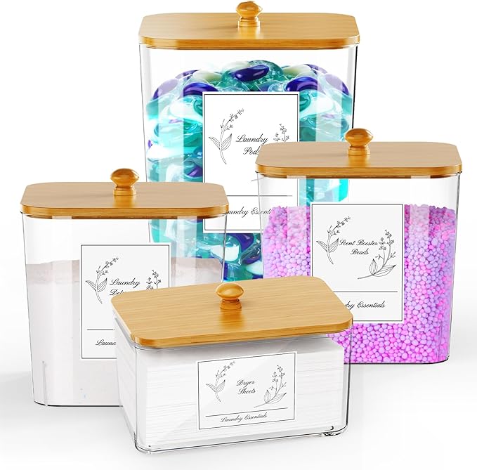 COAZEX 4 Pack Clear Laundry Pods Container & Dryer Sheet Holder, Plastic Square Laundry Room Organization and Storage Jars with Lids, Scoops & Labels for Detergent, Powder, Dryer Balls, Beads
