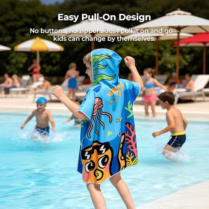 Kids Hooded Beach Poncho, 66×70cm, Soft & Quick-Dry with Fun Ocean Prints, Lightweight Swim Towel for Pool, Beach & Water Park (Ages5–9) (Blue, Small)