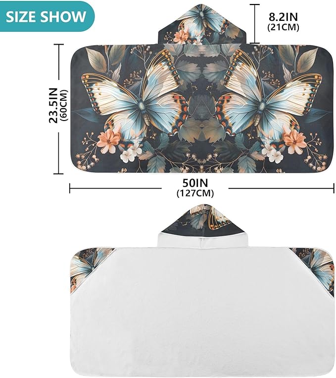 Hooded Towel for Kids Butterfly Surrounded by Floating Spring Leaves Beach Wrap Bath Towels 50x23.5in