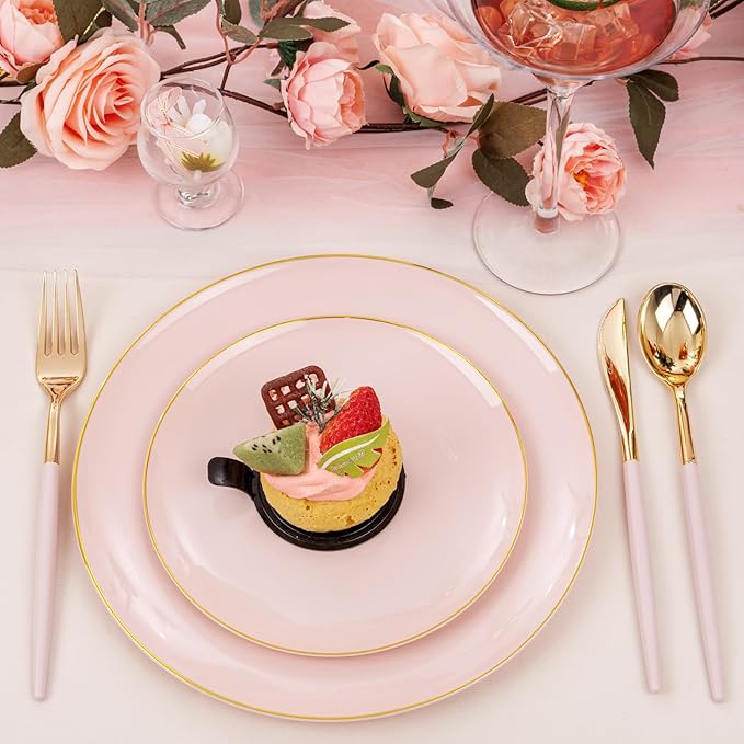 DaYammi 150Pcs Pink Plastic Plates with Gold Rim,Elegant Disposable Dinnerware with Gold Cutlery - 30 Dinner Plate,30 Dessert Plate,30 Knives,30 Forks,30 Spoons,Fancy Pink Plates for Party Wedding