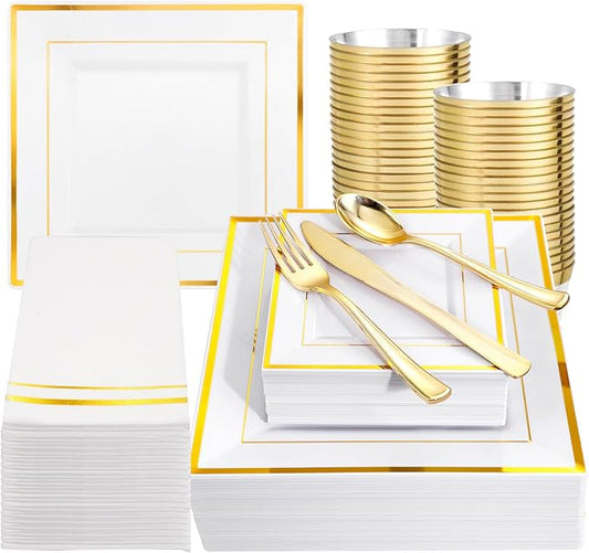Festiva 350Pcs Gold Plastic Plates - Disposable Square Gold Plates Dinnerware set include 9.5"/6" Plates,Cups,Plastic Cutlery,Hand Napkins Perfect for 50 guests Party&Birthday&Wedding